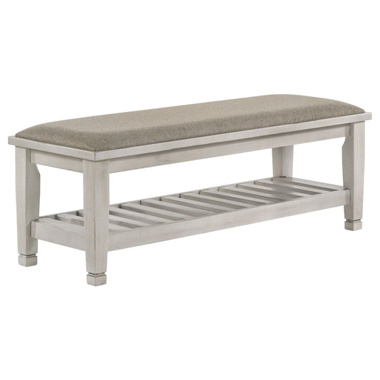 Franco Fabric Upholstered Bench with Shelf Distressed White - Discount Furniture Connection
