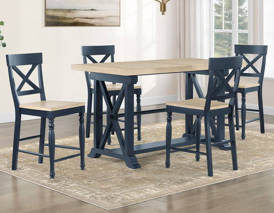 Darcy 5-Piece 64-82″Counter Set with 18-inch leaf, Midnight Blue and Natural Finish