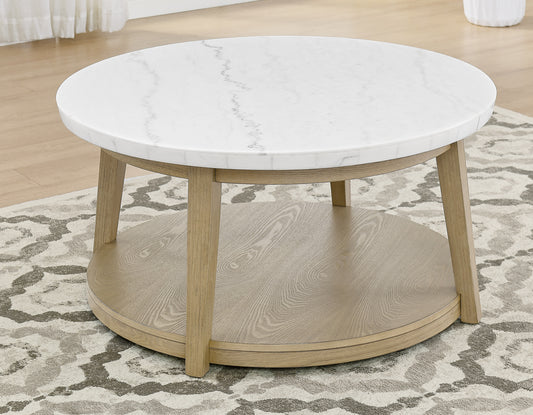 Vida, Round 36″ Cocktail Table, White Marble Top, Castered