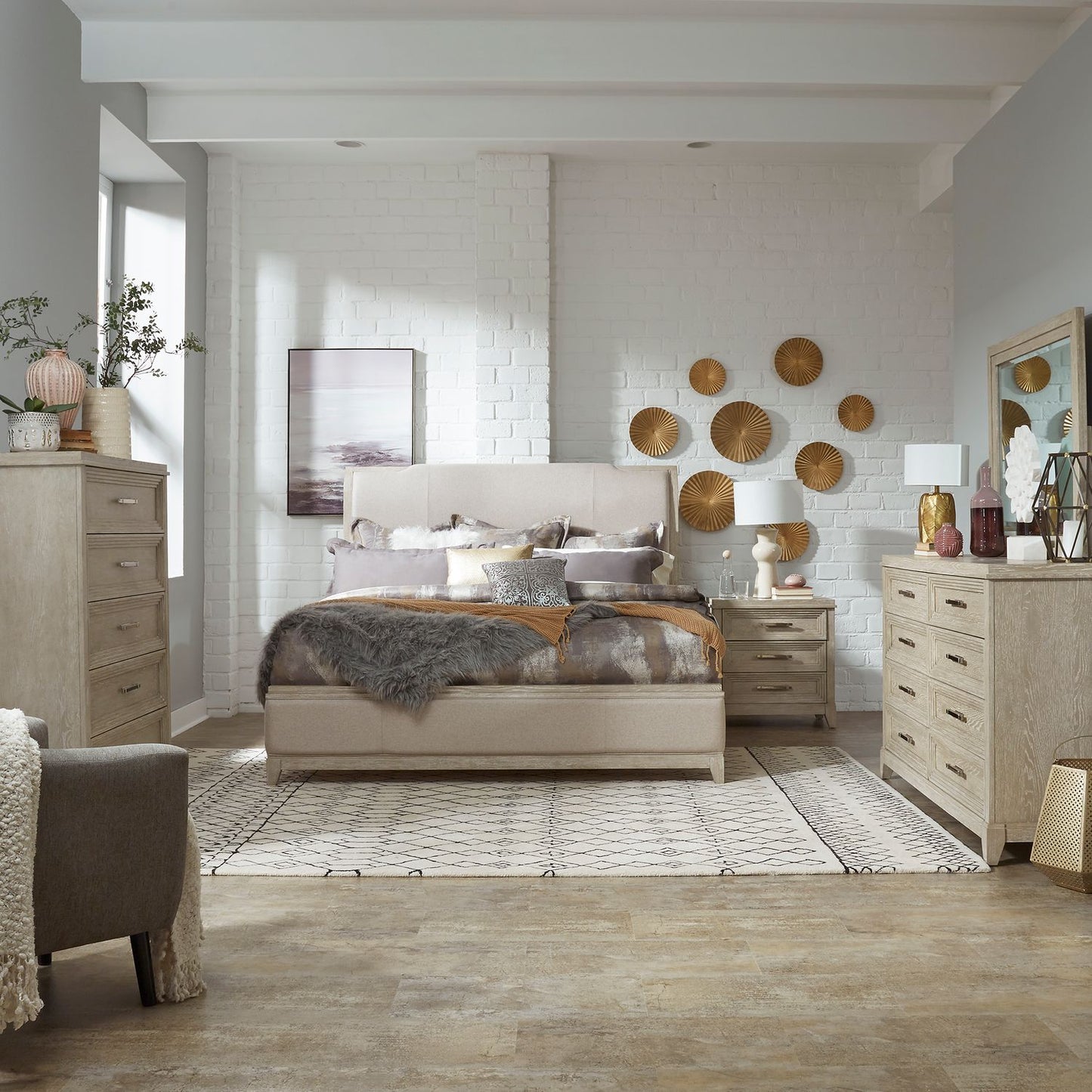King California Upholstered Bed, Dresser & Mirror, Chest, Night Stand