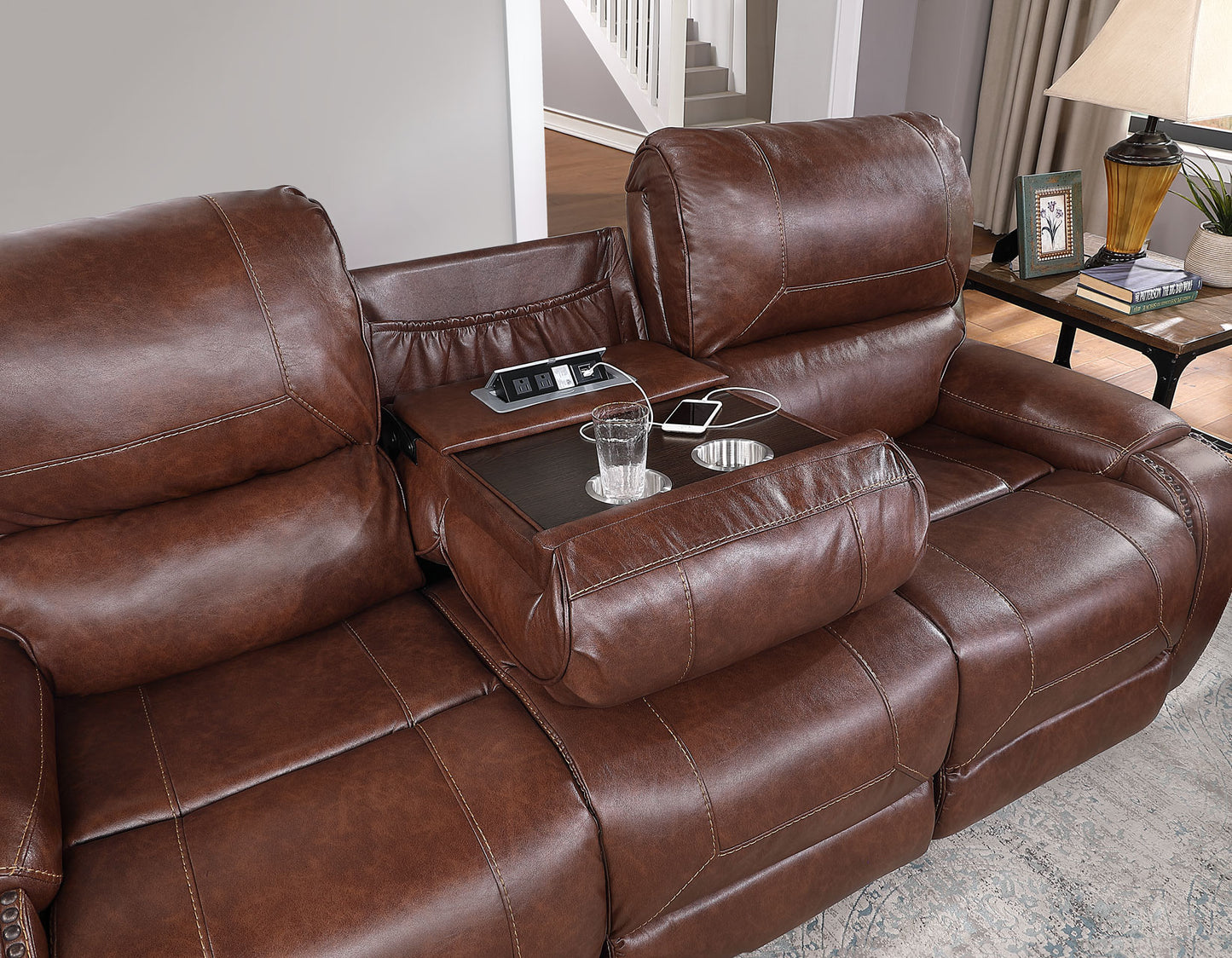 Keily Sofa, Manual Reclining, Drop-Down Console, Brown
