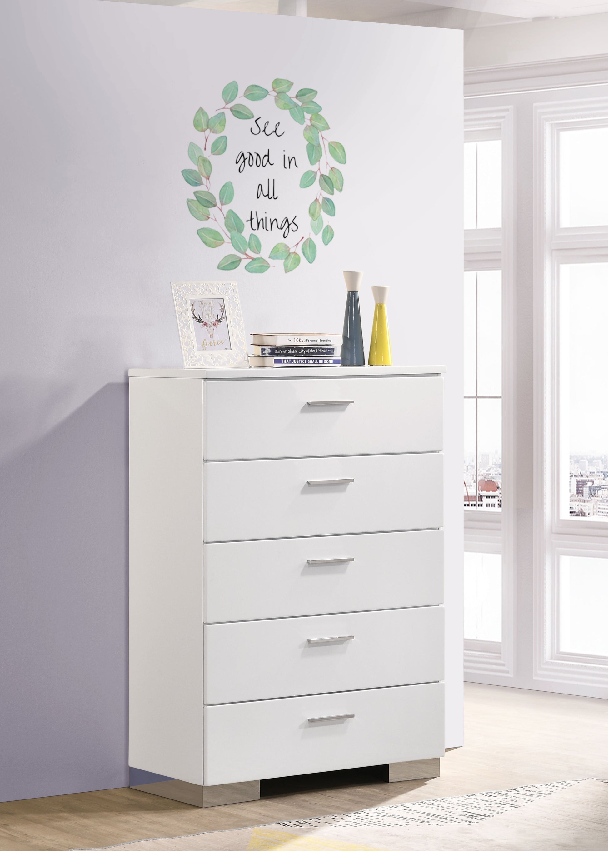 Felicity 5-drawer Bedroom Chest White High Gloss - Discount Furniture Connection