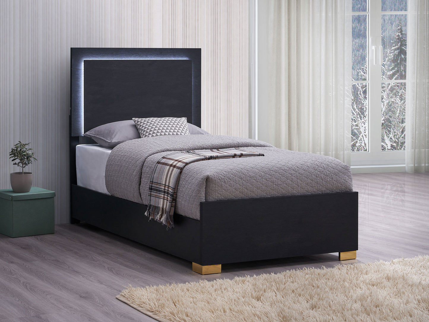 Marceline Wood Twin LED Panel Bed Black - Discount Furniture Connection