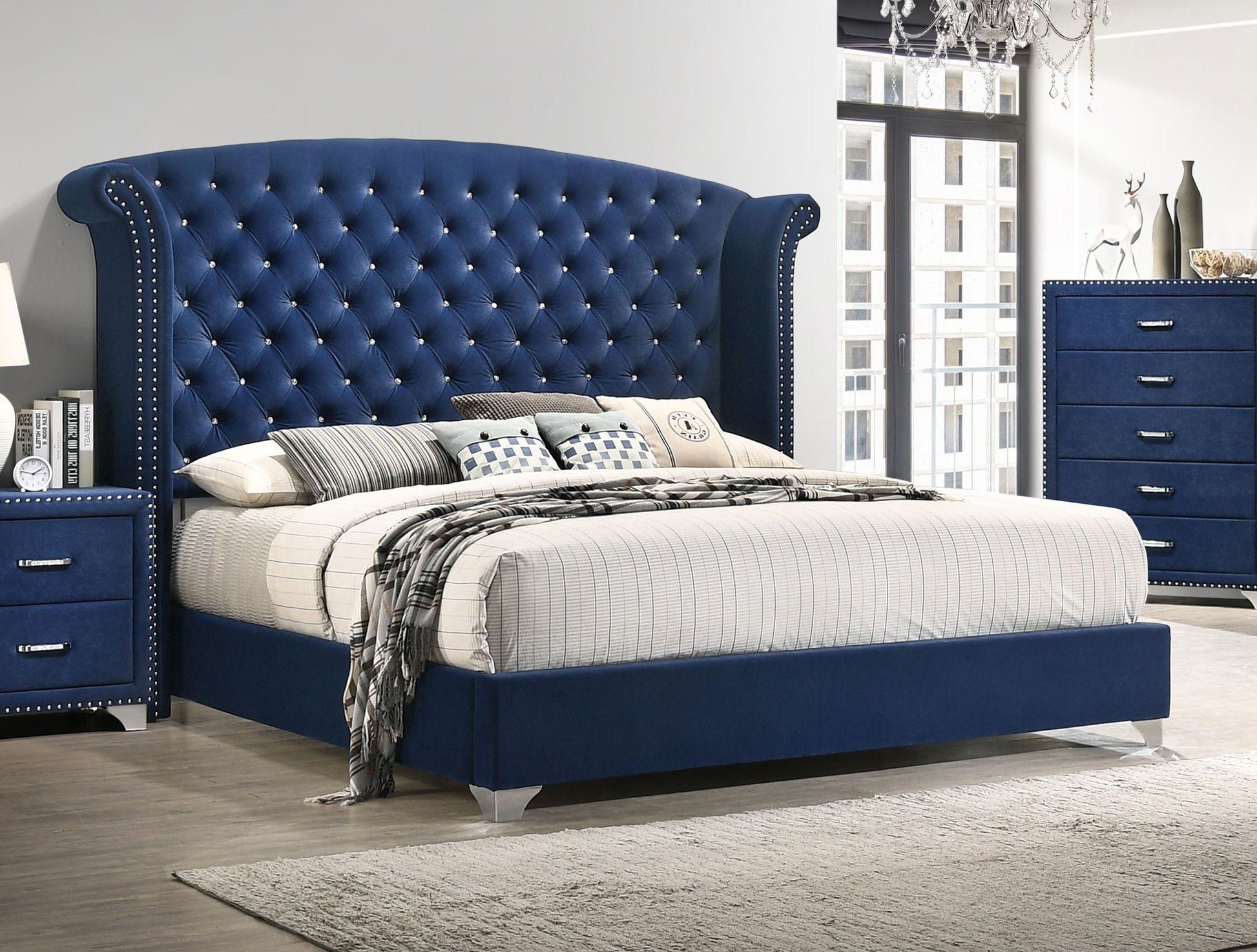 Melody Upholstered Eastern King Wingback Bed Pacific Blue - Discount Furniture Connection
