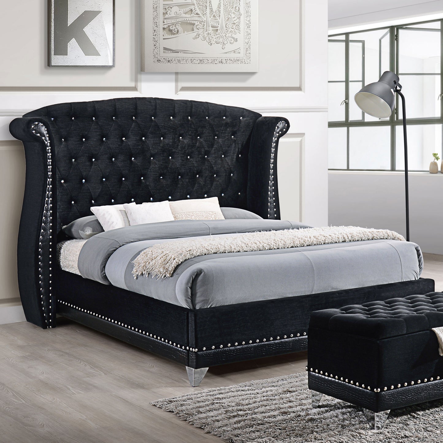 Barzini Upholstered California King Wingback Bed Black - Discount Furniture Connection