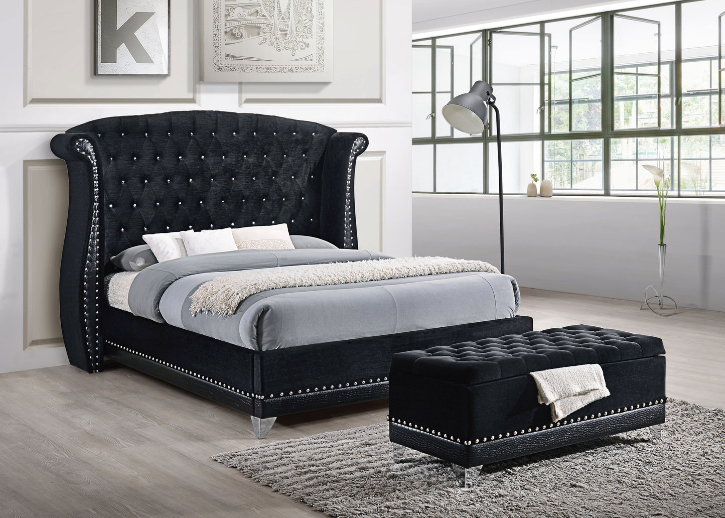 Barzini Upholstered California King Wingback Bed Black - Discount Furniture Connection