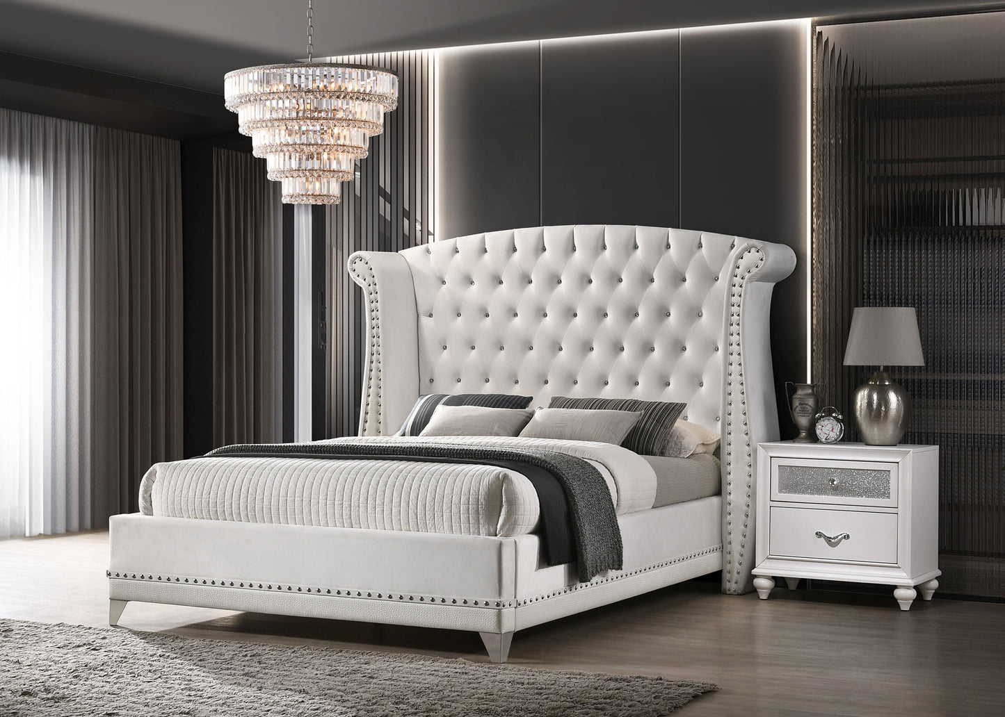 Barzini Upholstered Queen Wingback Bed White - Discount Furniture Connection