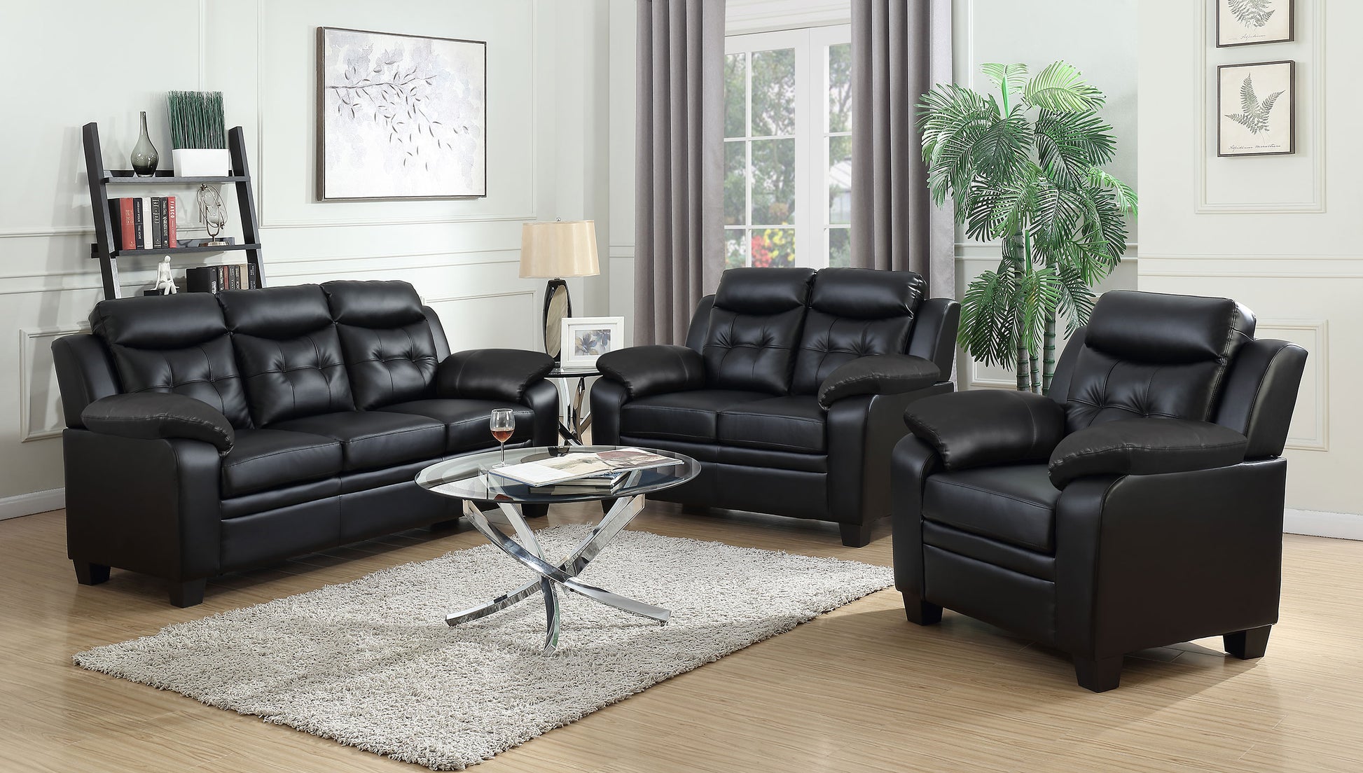 Finley 3-piece Upholstered Padded Arm Tufted Sofa Set Black - Discount Furniture Connection