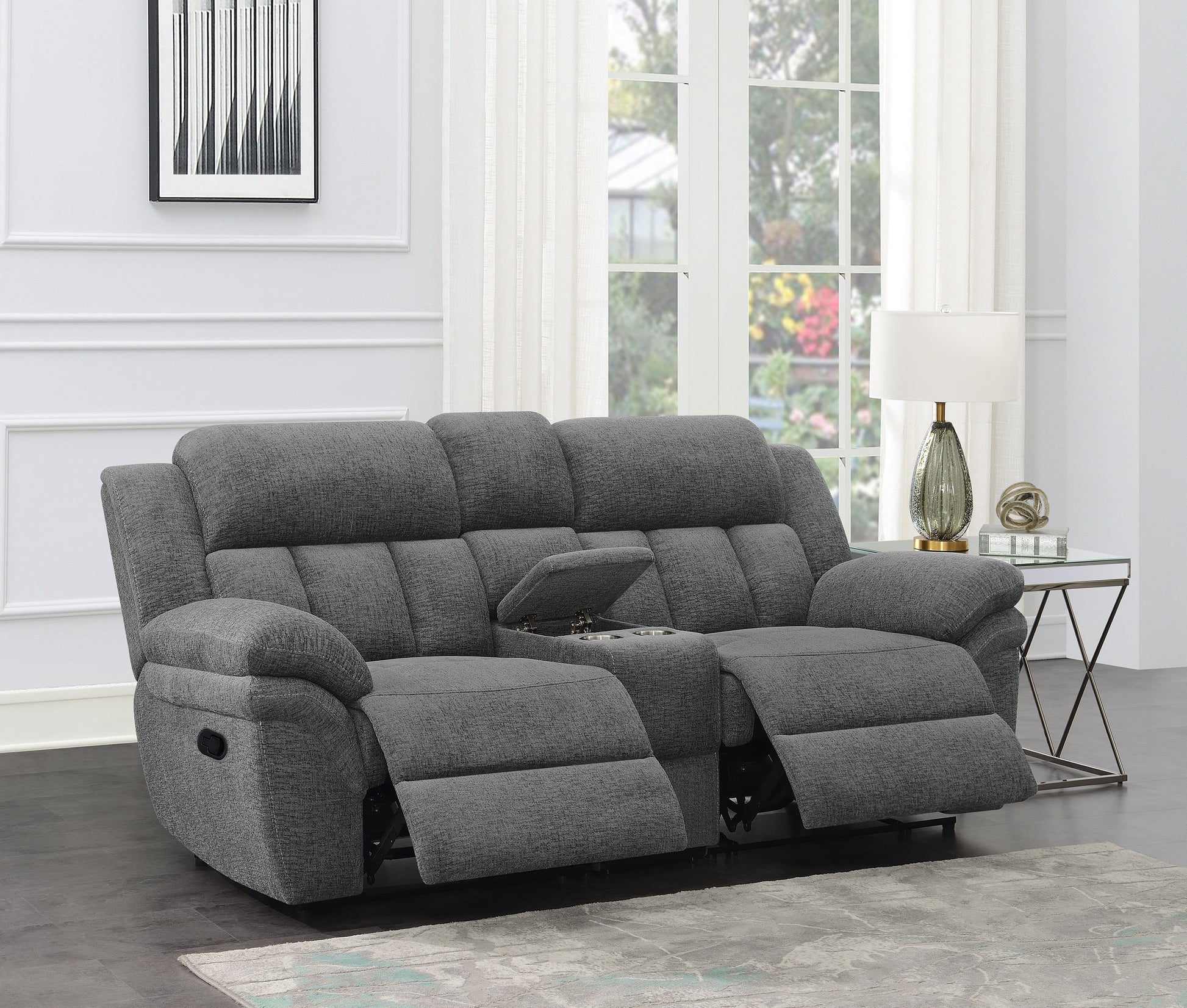 Bahrain Upholstered Motion Loveseat Charcoal - Discount Furniture Connection