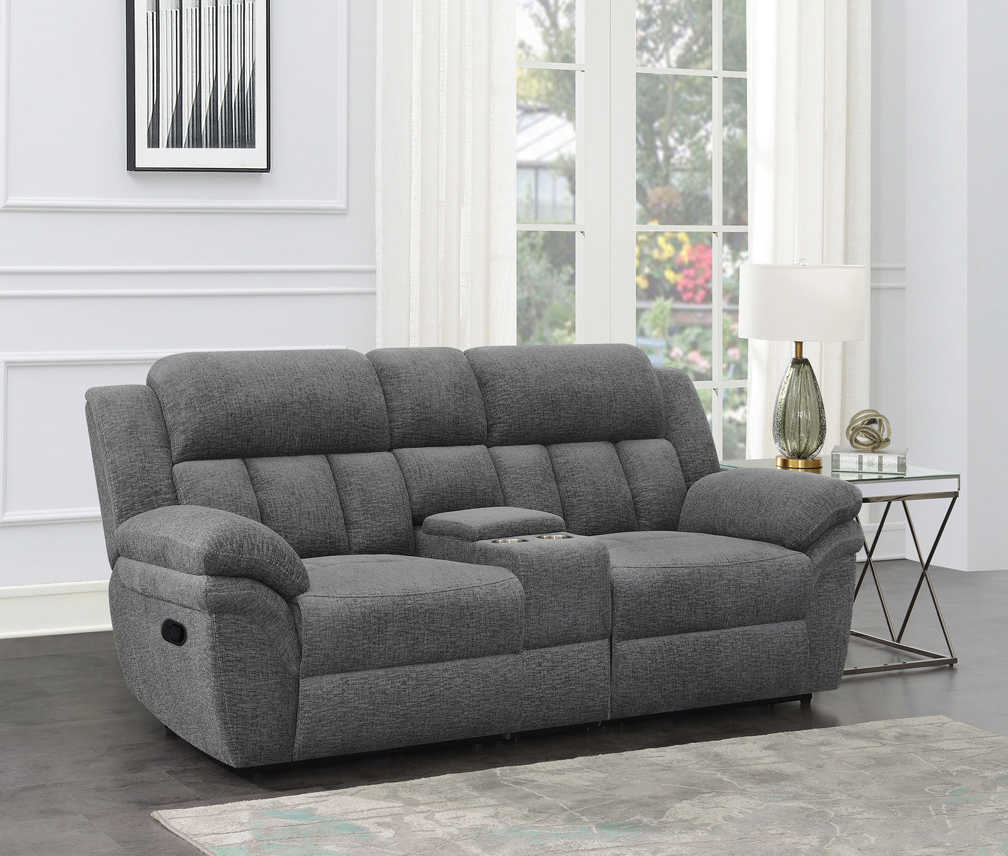Bahrain Upholstered Motion Loveseat Charcoal - Discount Furniture Connection