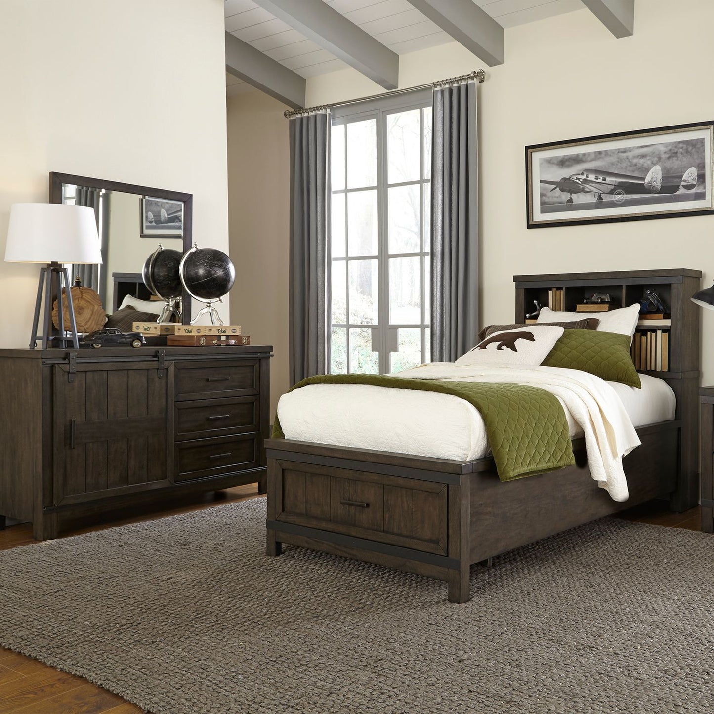 Twin Bookcase Bed, Dresser & Mirror