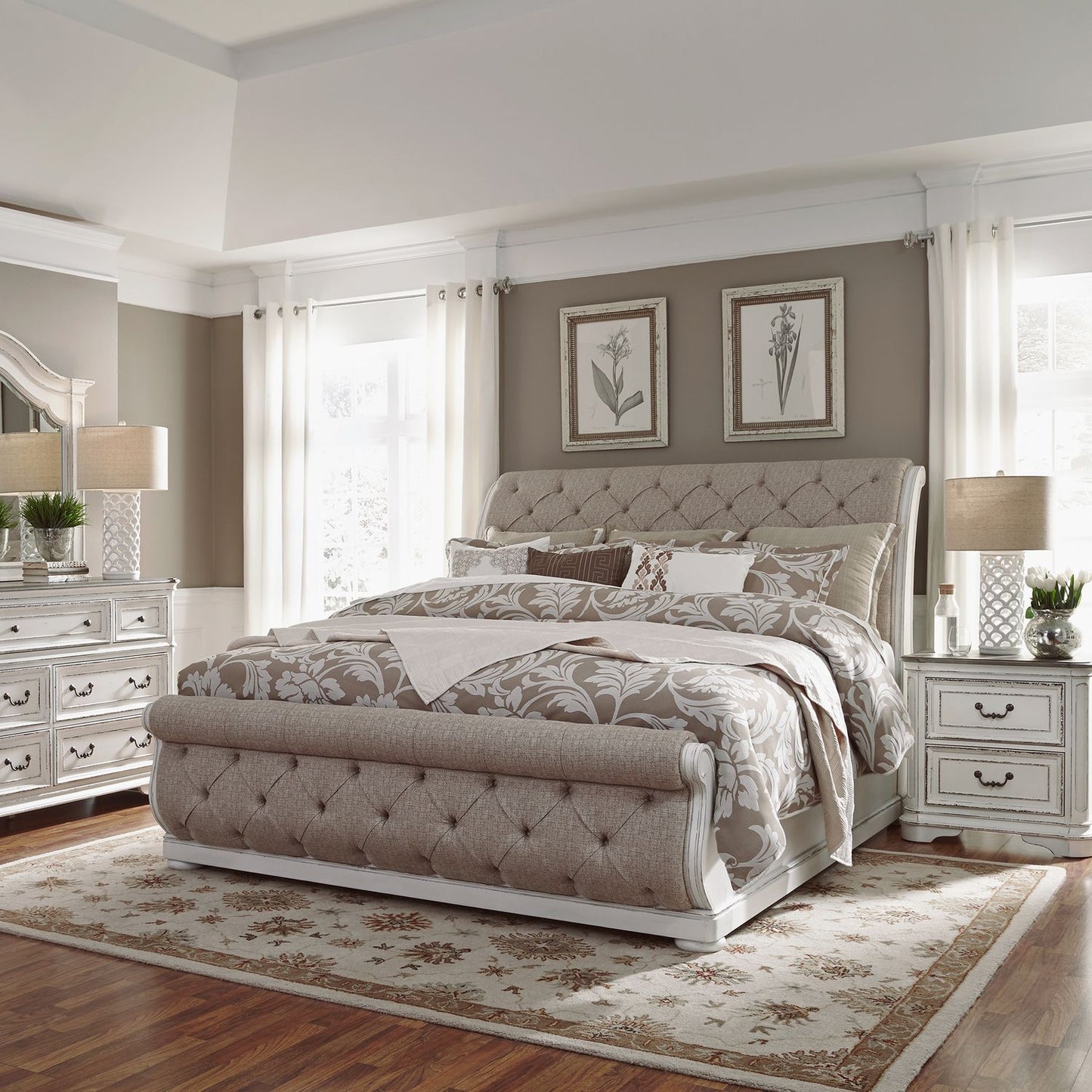 King Uph Sleigh Bed, Dresser & Mirror, Night Stand
