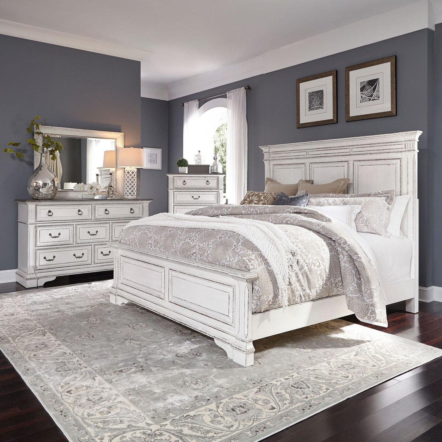 Queen Panel Bed, Dresser & Mirror, Chest