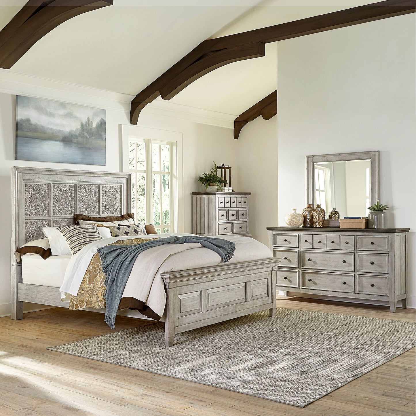 Opt Queen Panel Bed, Dresser & Mirror, Chest