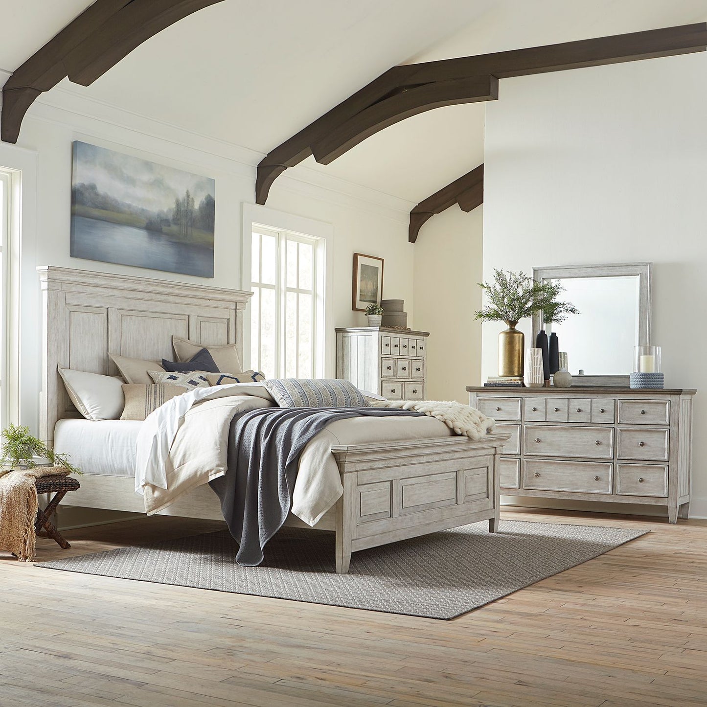 Queen Panel Bed, Dresser & Mirror, Chest