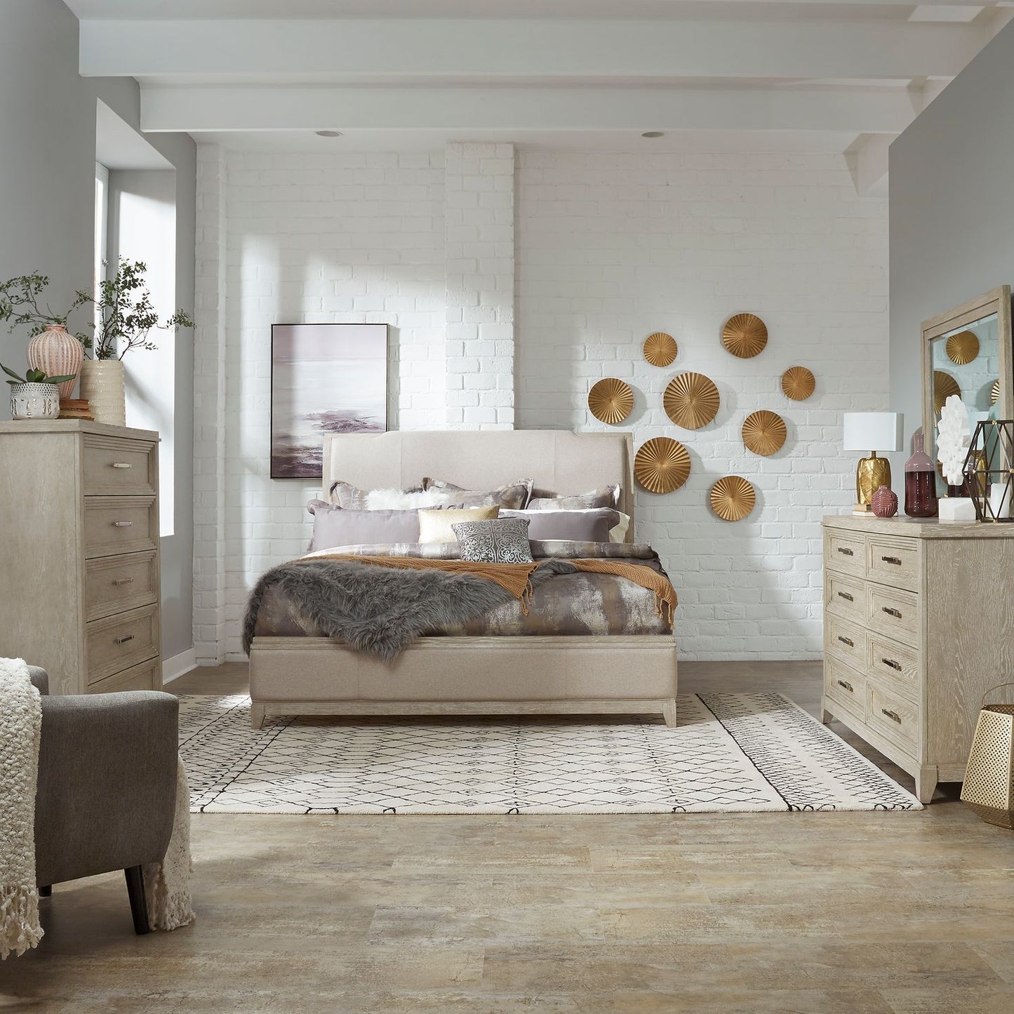 King Uph Bed, Dresser & Mirror, Chest
