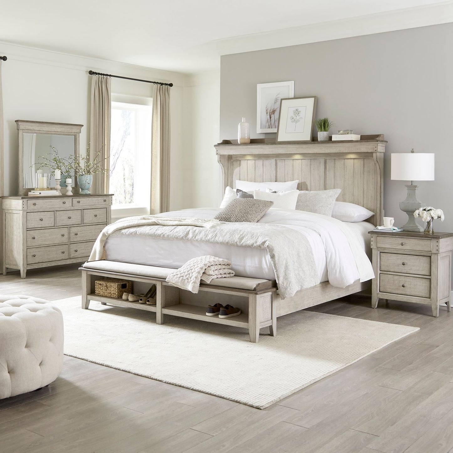 Queen Mantle Storage Bed, Dresser & Mirror, Night Stand