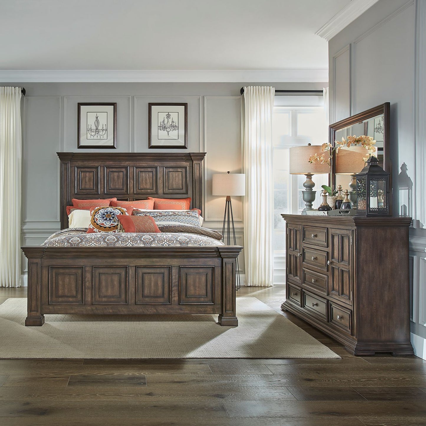 Queen Panel Bed, Dresser & Mirror