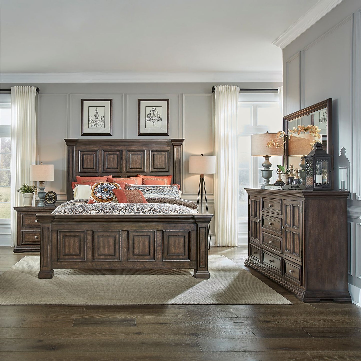 Queen Panel Bed, Dresser & Mirror, Night Stand