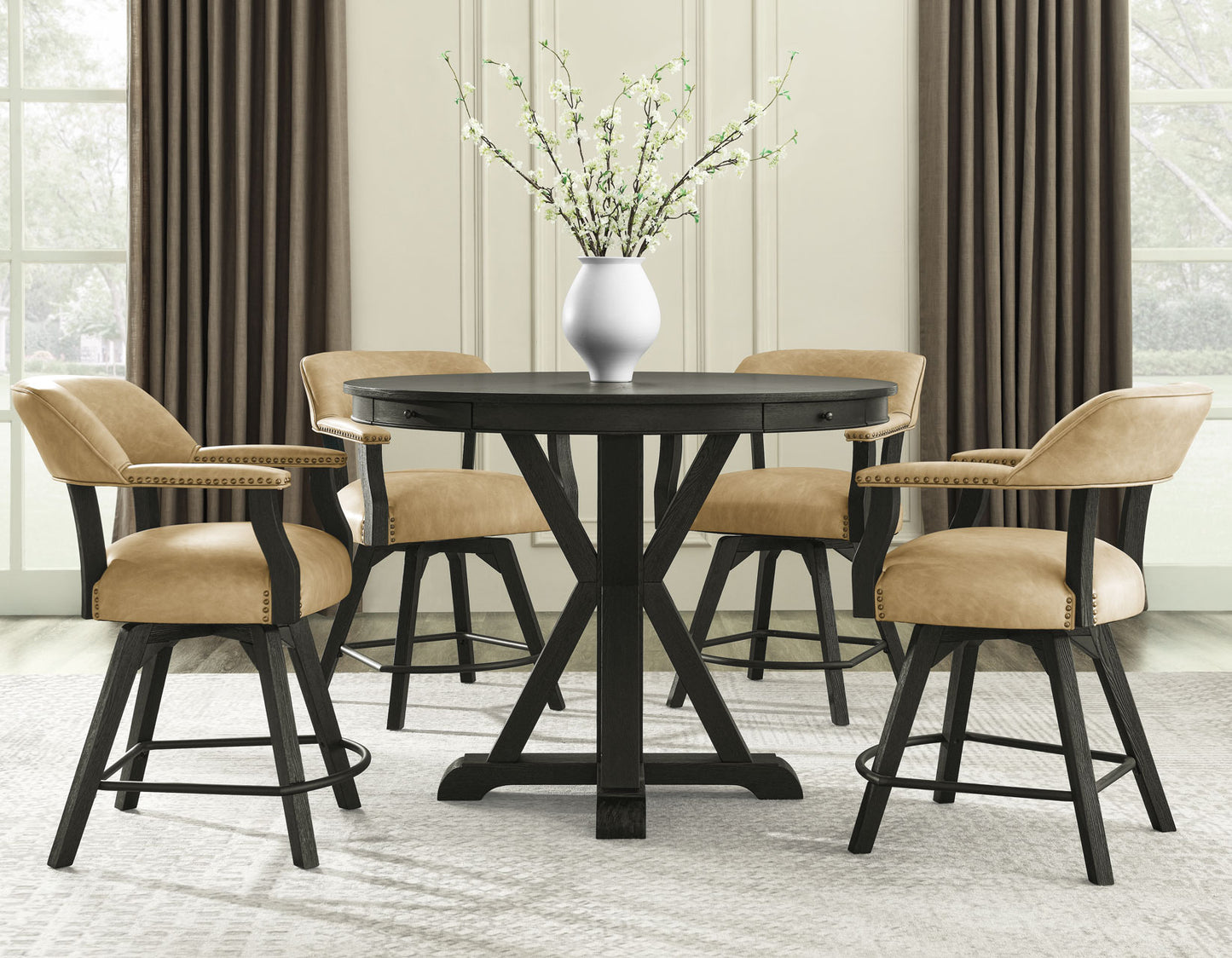Rylie 48-inch Round Counter Table Top with 4 Drawers, Black Finish