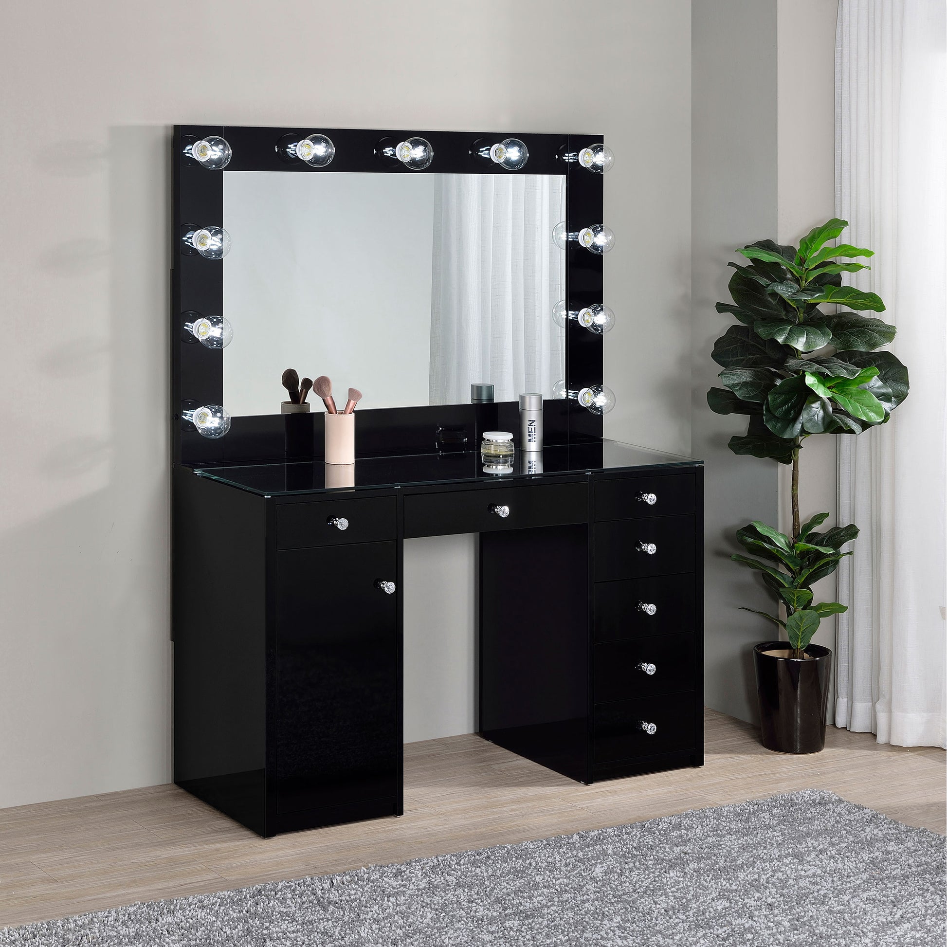 Acena 7-drawer Vanity Set with Lighting Black High Gloss - Discount Furniture Connection