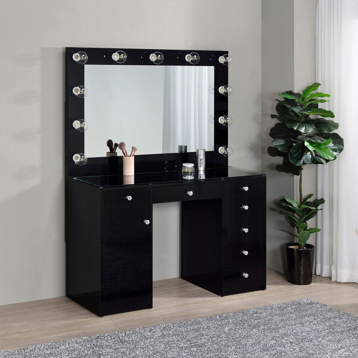 Acena 7-drawer Vanity Set with Lighting Black High Gloss - Discount Furniture Connection