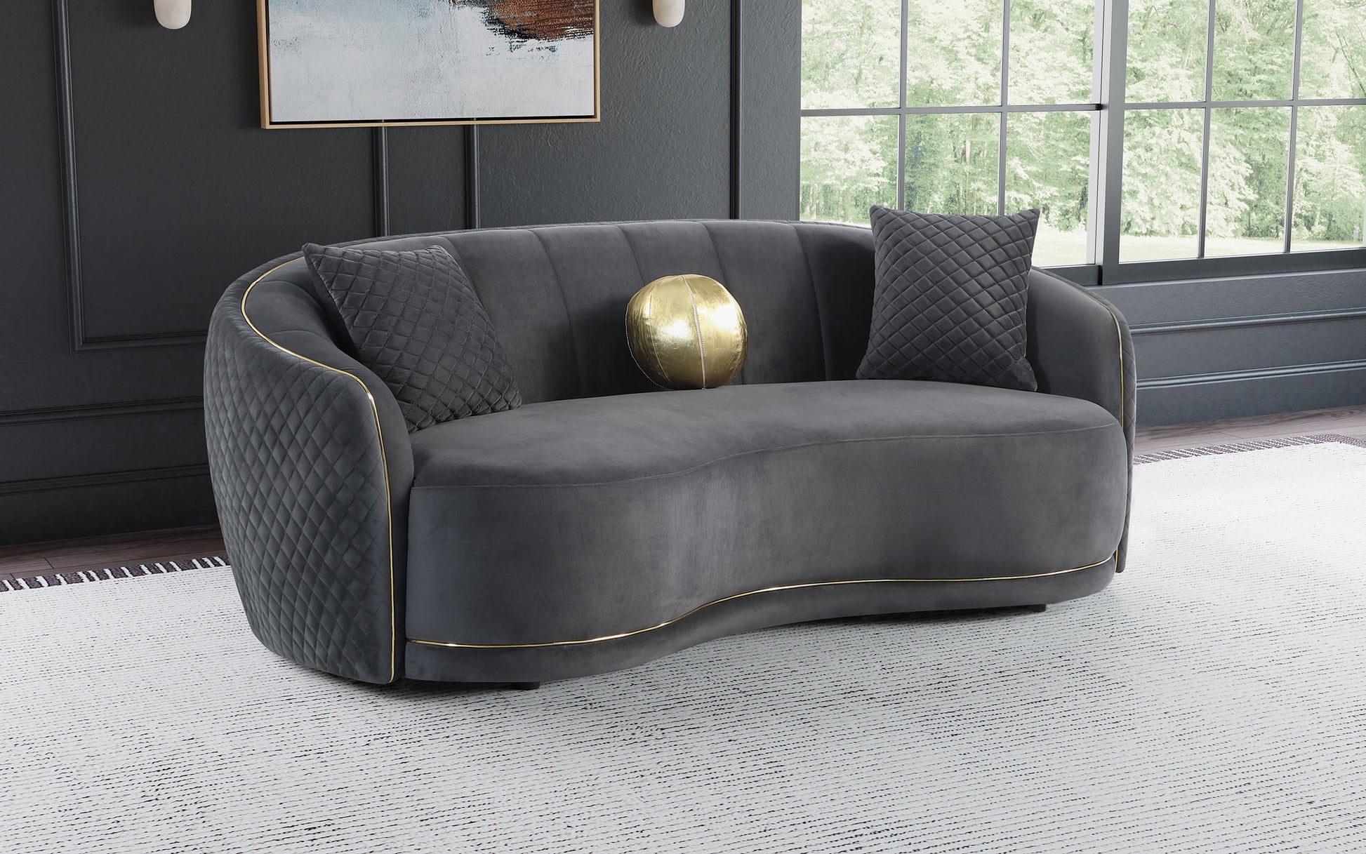 Brookside Velvet Upholstered Curved Sofa Dark Grey - Discount Furniture Connection