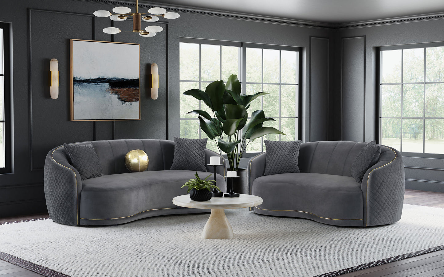 Brookside Velvet Upholstered Curved Sofa Dark Grey - Discount Furniture Connection