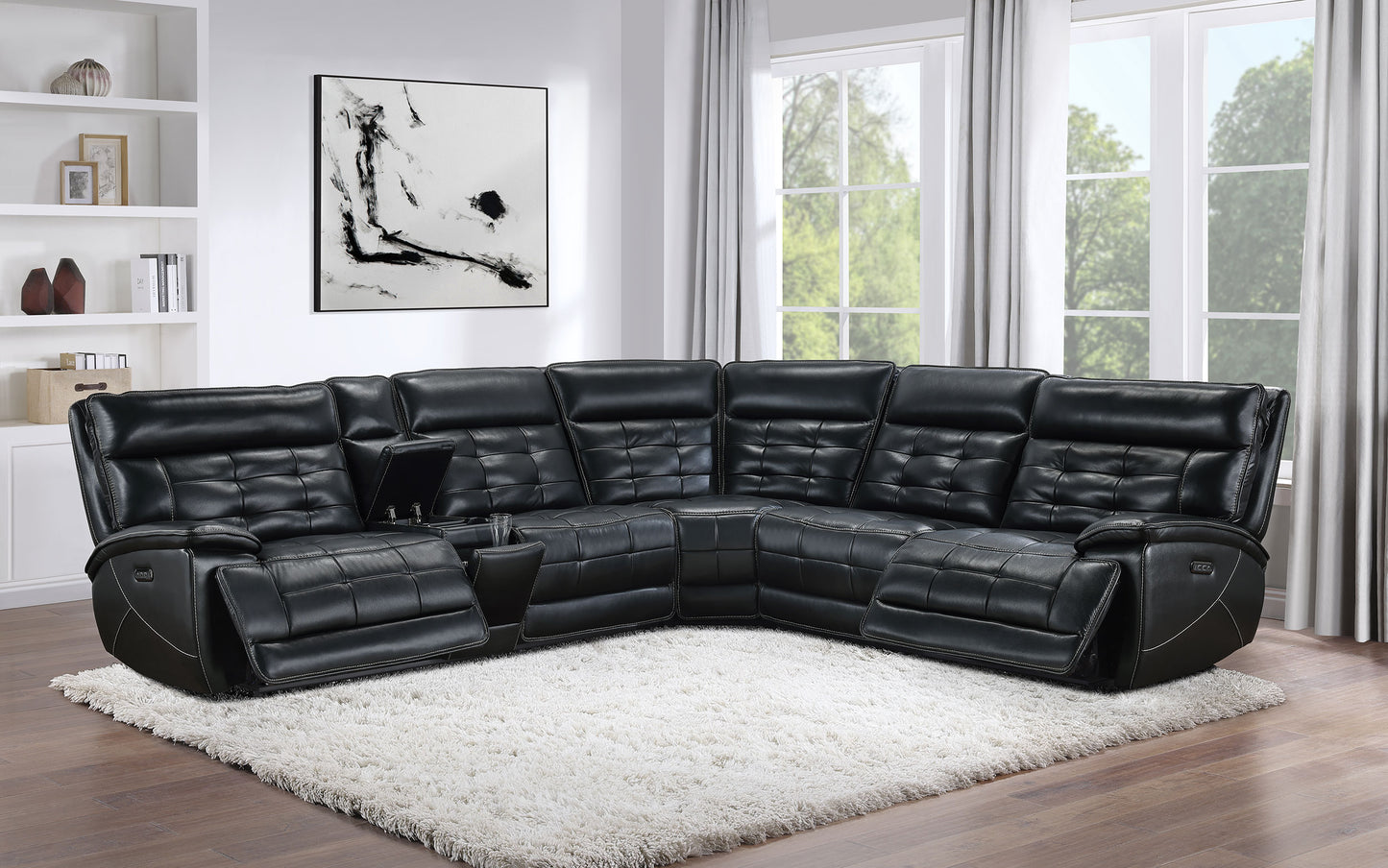 Hewitt Leather Dual Power Reclining Sectional Sofa Black