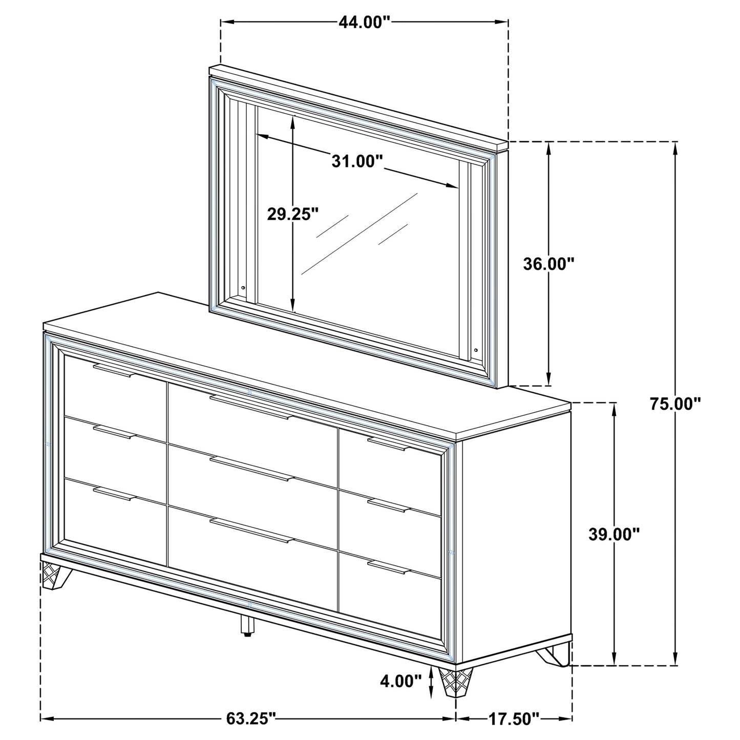 Marmore 9-drawer Dresser and LED Mirror White