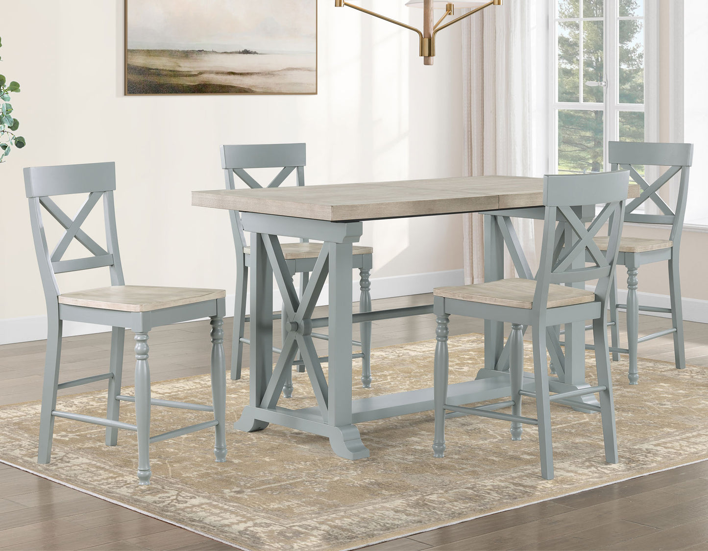 Darcy 5-Piece 64-82″Counter Set with 18-inch leaf, Mint Green and Washed Linen Finish
