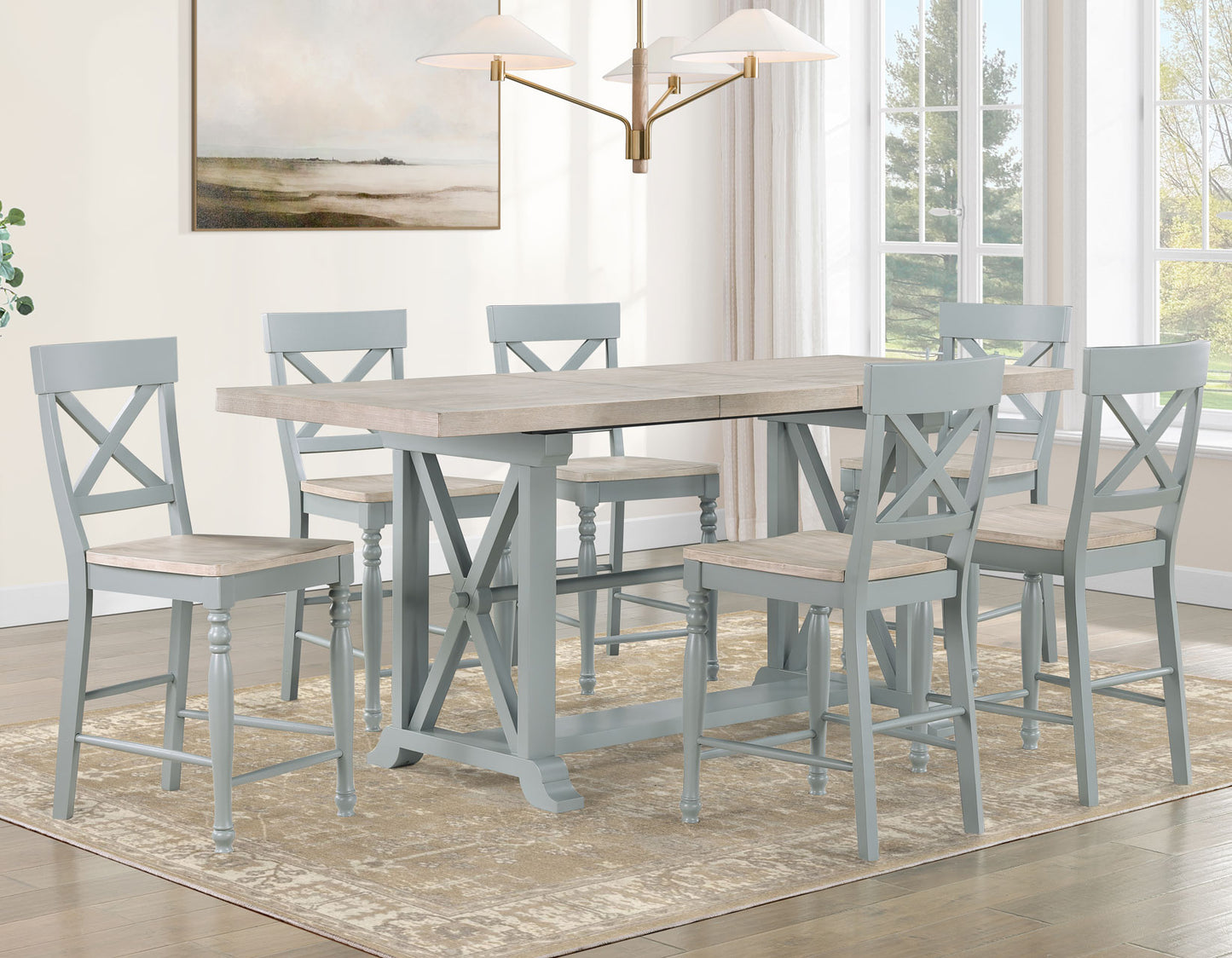 Darcy 5-Piece 64-82″Counter Set with 18-inch leaf, Mint Green and Washed Linen Finish