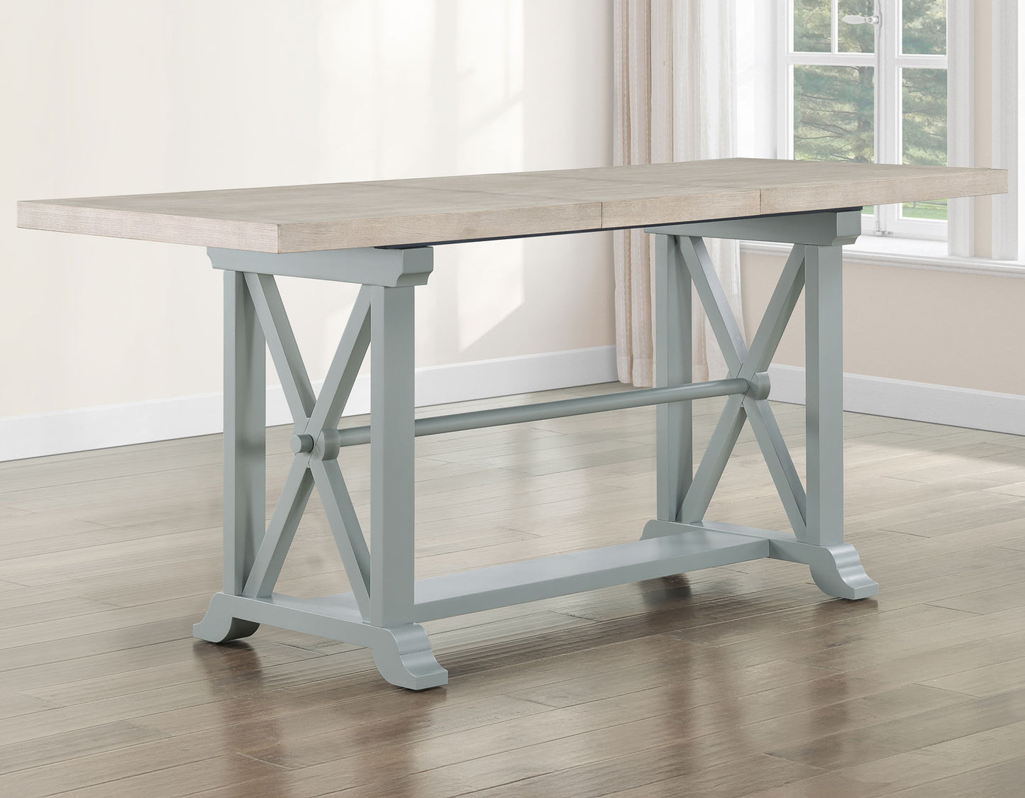 Darcy 5-Piece 64-82″Counter Set with 18-inch leaf, Mint Green and Washed Linen Finish