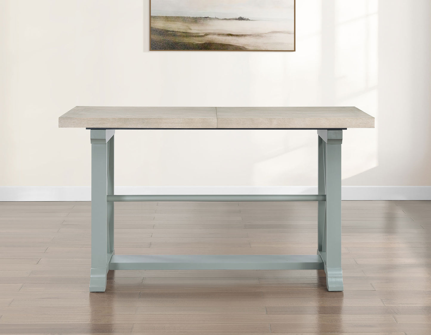 Darcy 5-Piece 64-82″Counter Set with 18-inch leaf, Mint Green and Washed Linen Finish
