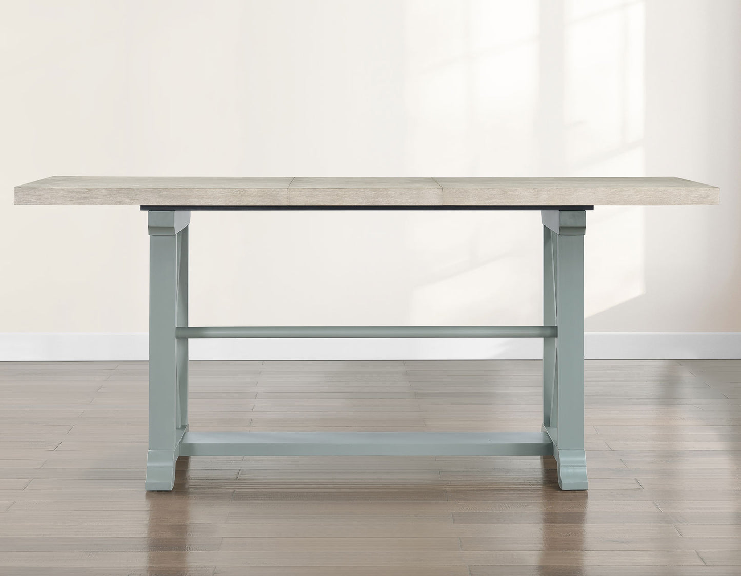 Darcy 5-Piece 64-82″Counter Set with 18-inch leaf, Mint Green and Washed Linen Finish