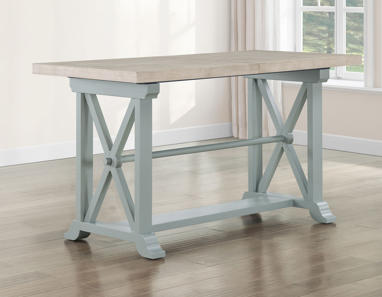 Darcy 5-Piece 64-82″Counter Set with 18-inch leaf, Mint Green and Washed Linen Finish