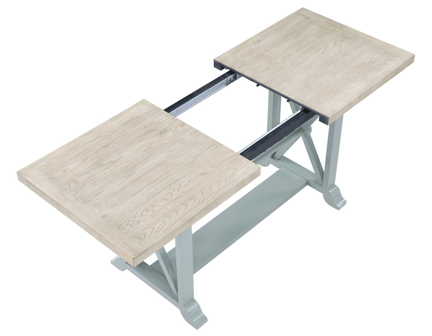 Darcy 5-Piece 64-82″Counter Set with 18-inch leaf, Mint Green and Washed Linen Finish