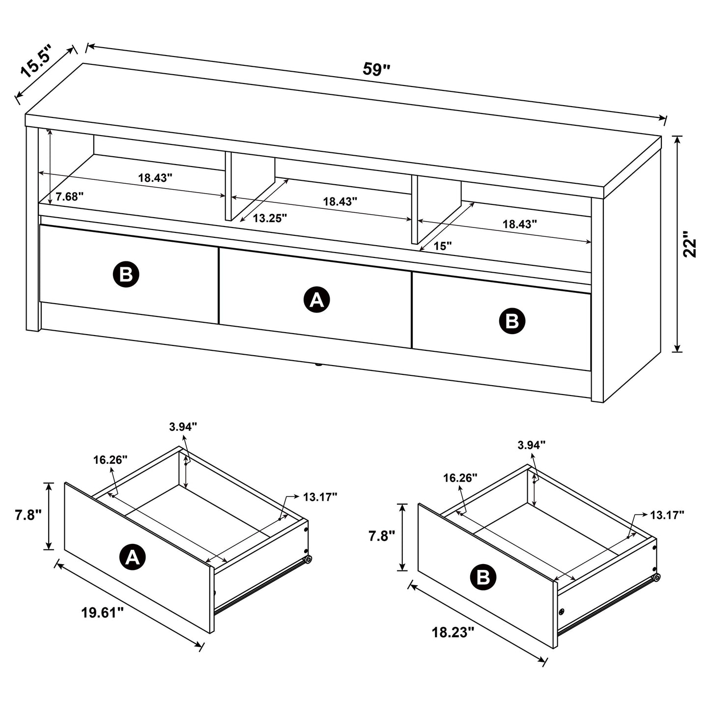 Rutland 59-inch 3-drawer TV Stand Media Console Black - Discount Furniture Connection