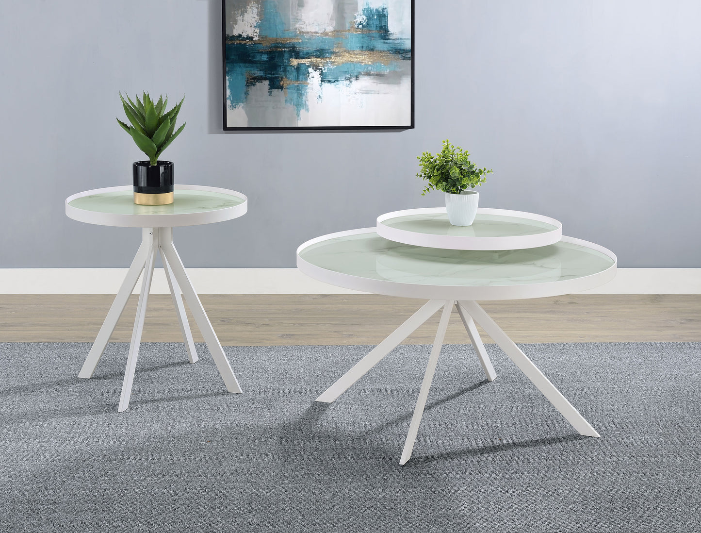 Briggs Round Marble Printed Glass Top End Side Table White - Discount Furniture Connection