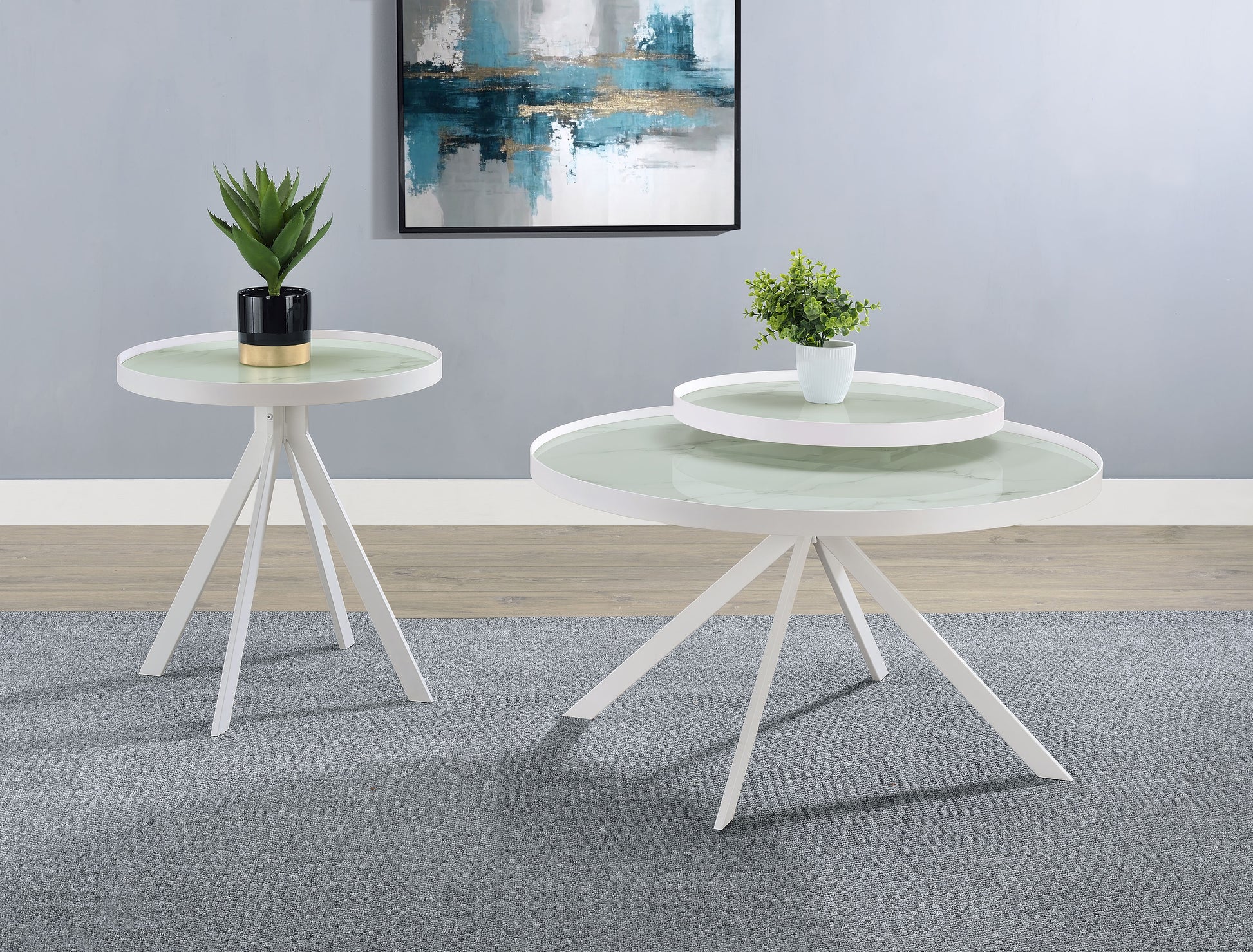 Briggs Round Marble Printed Glass Top End Side Table White - Discount Furniture Connection