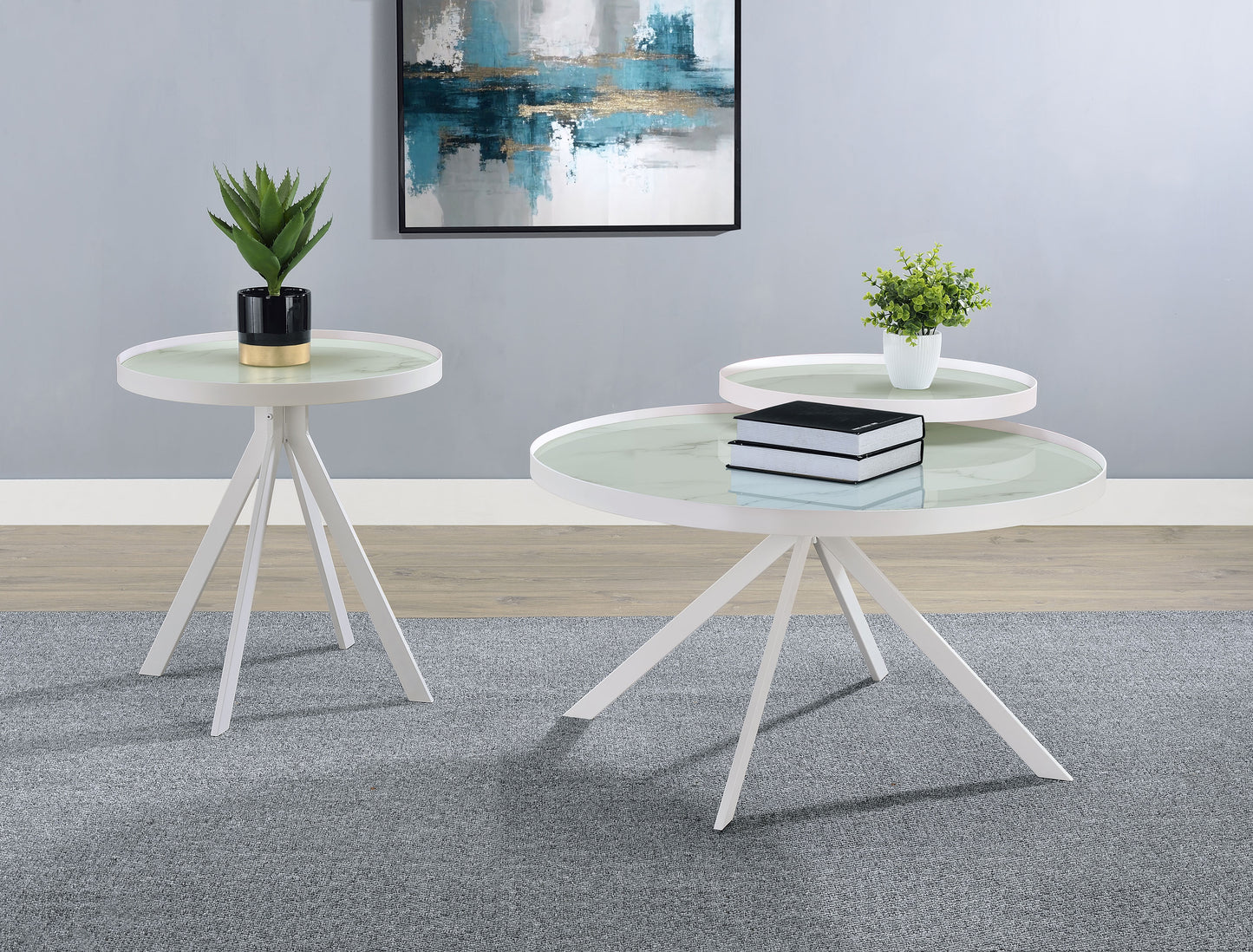 Briggs Round Marble Printed Glass Top End Side Table White - Discount Furniture Connection