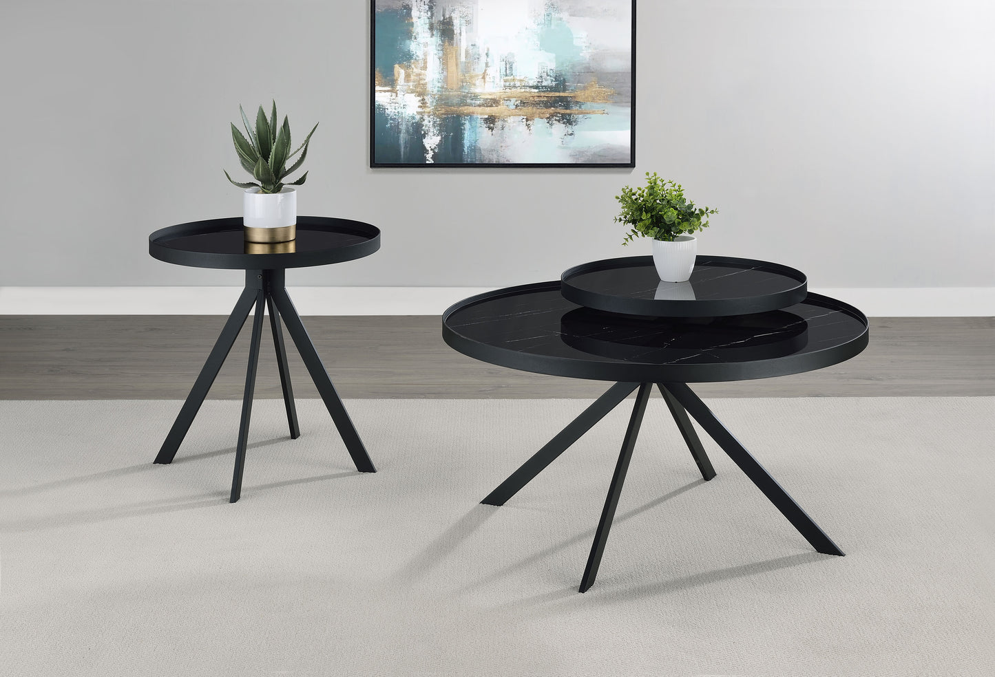 Briggs Round Marble Printed Glass Top End Table Black - Discount Furniture Connection