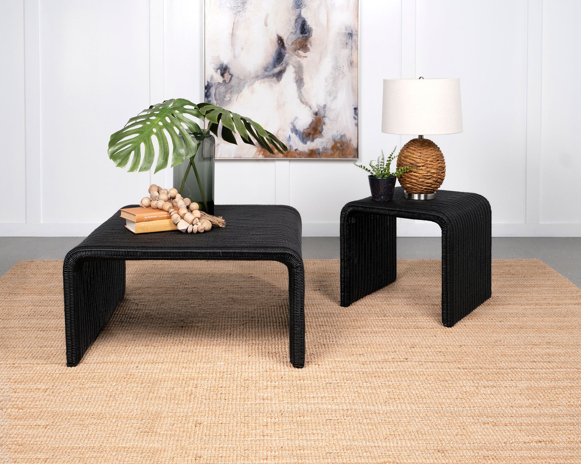Cahya 2-piece Rattan Coffee and End Table Set Black - Discount Furniture Connection