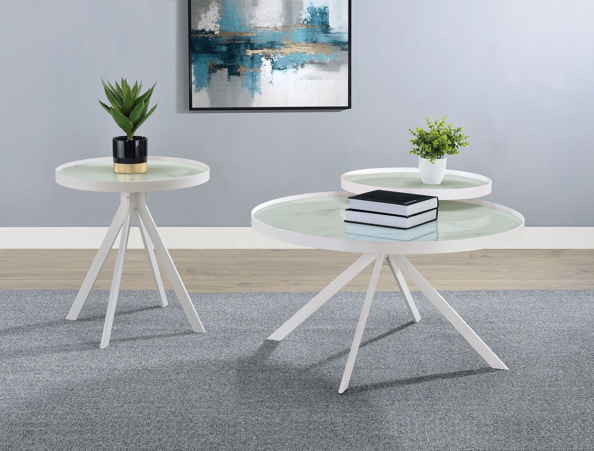 Briggs Round Marble Printed Glass Top End Side Table White - Discount Furniture Connection