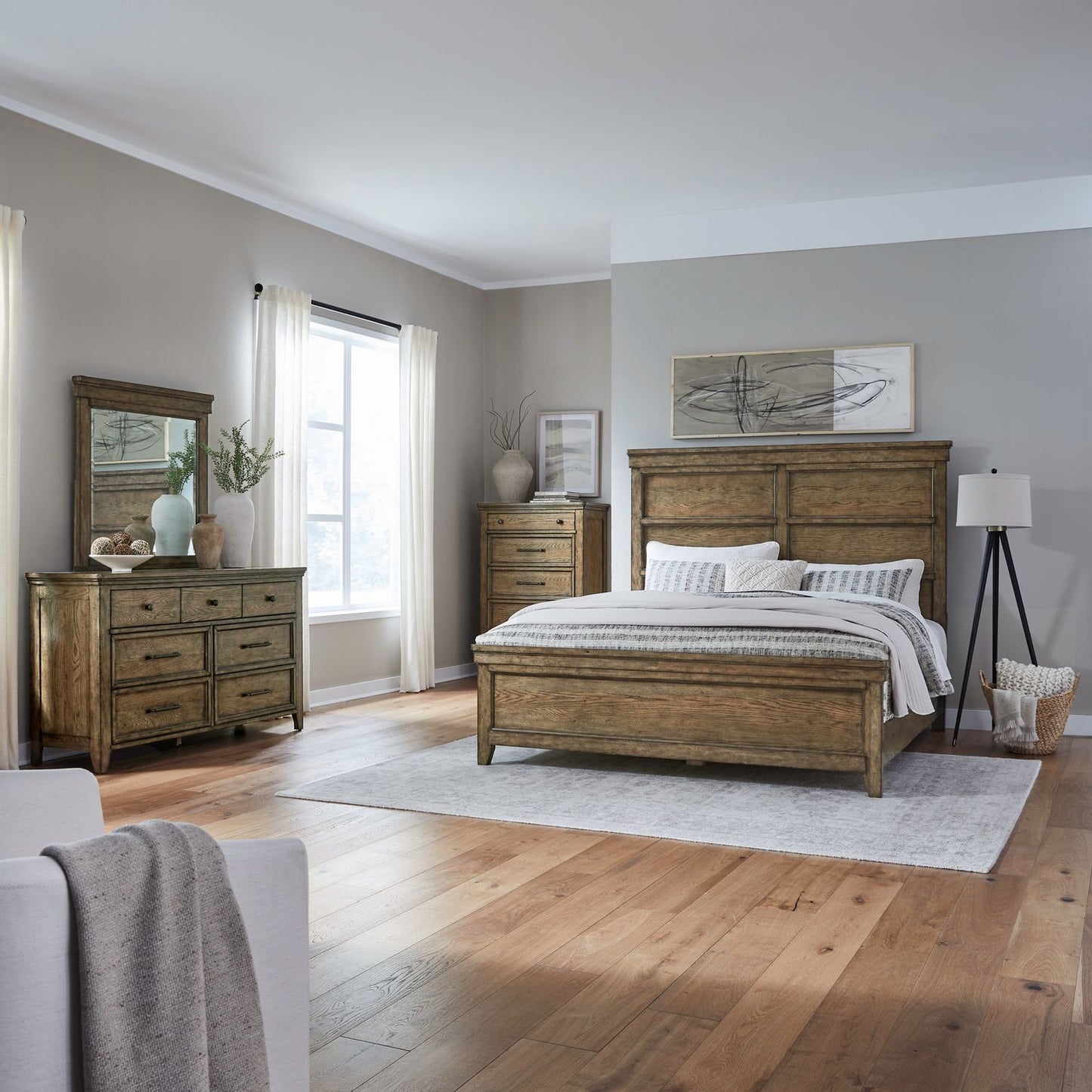 Queen Panel Bed, Dresser & Mirror, Chest