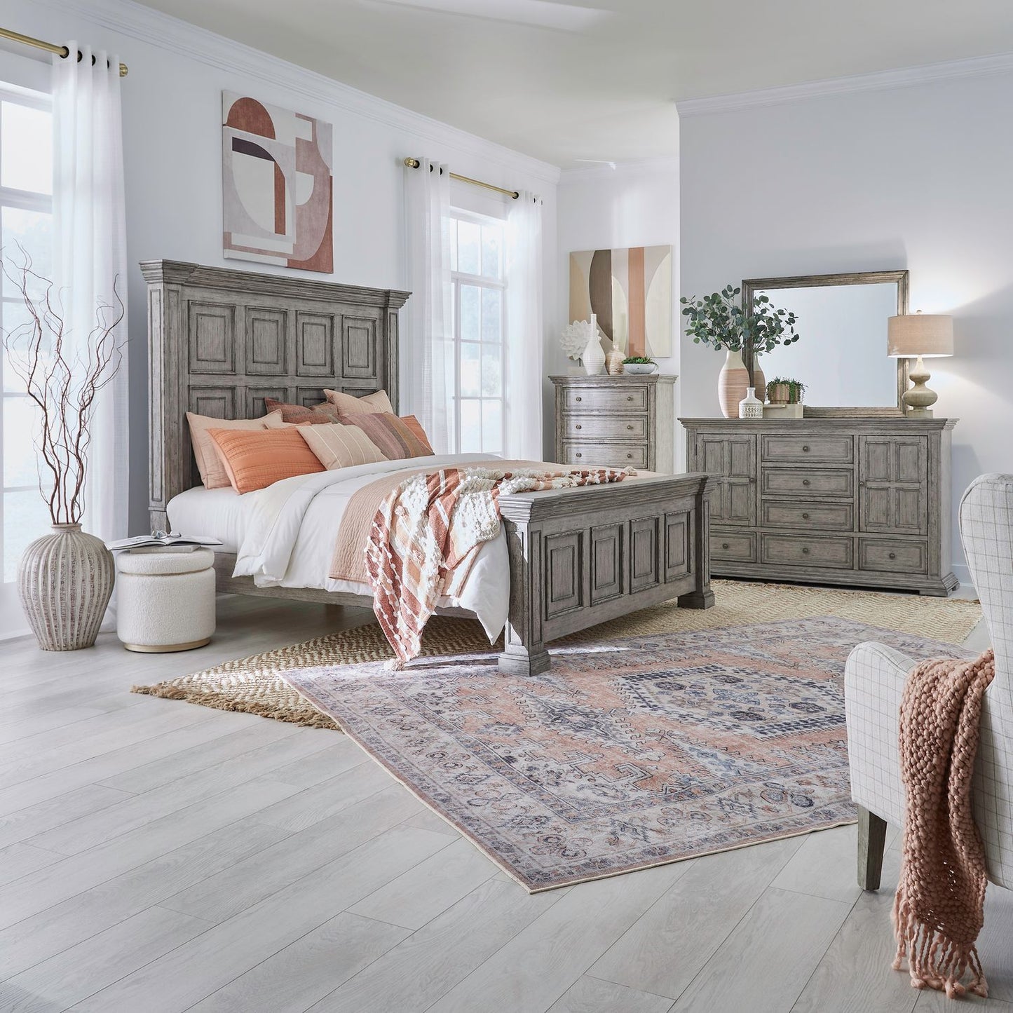 Big Valley - King Panel Bed, Dresser & Mirror, Chest