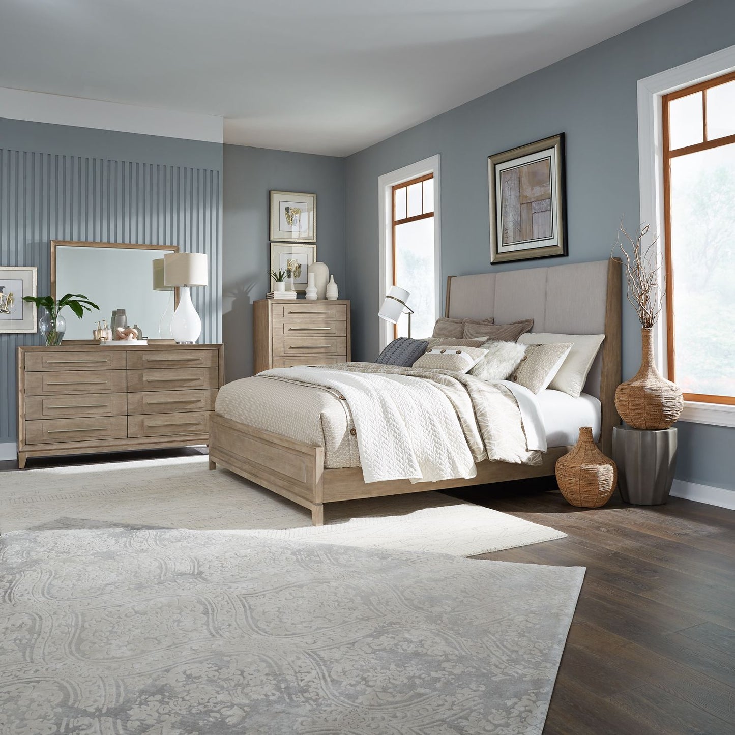 King Uph Bed, Dresser & Mirror, Chest