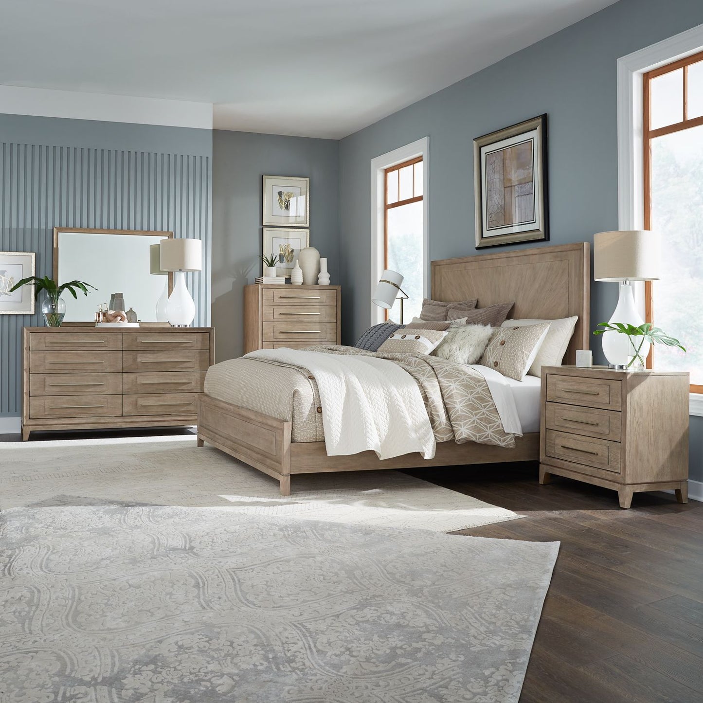 King Panel Bed, Dresser & Mirror, Chest, Night Stand