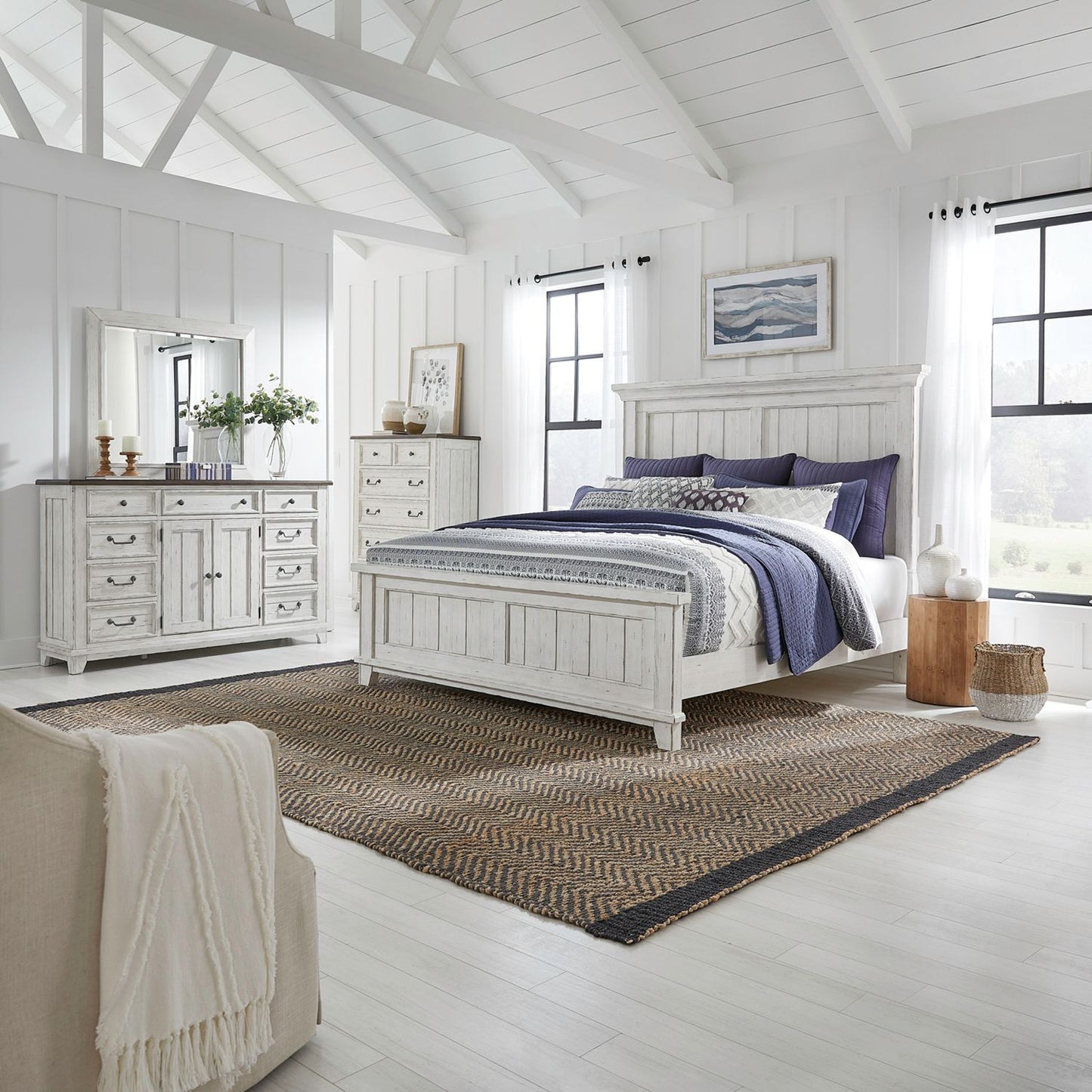King Panel Bed, Dresser & Mirror, Chest