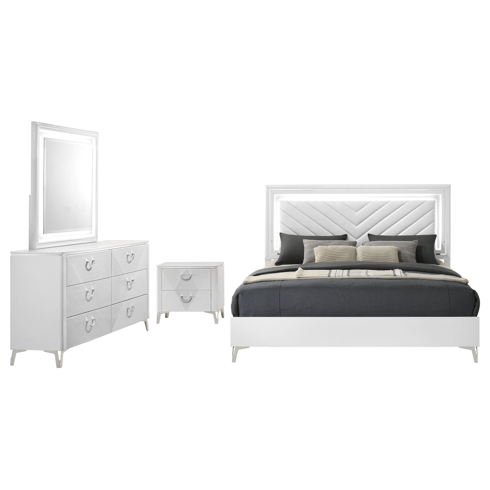 Cassia 4-piece Eastern King LED Bedroom Set White High Gloss - Discount Furniture Connection